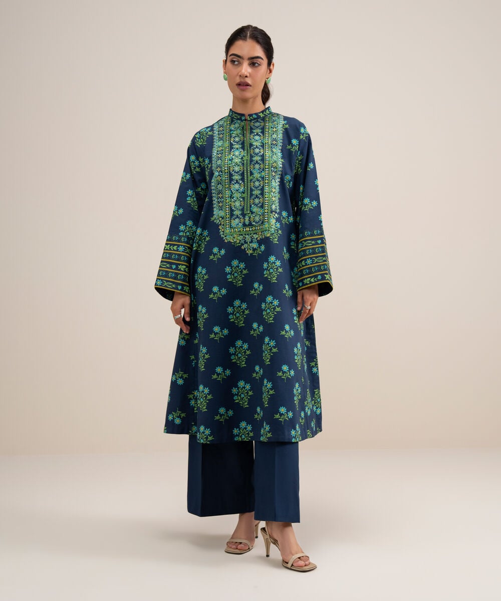 Women's Unstitched Lawn Embroidered Navy Blue 2 Piece Suit