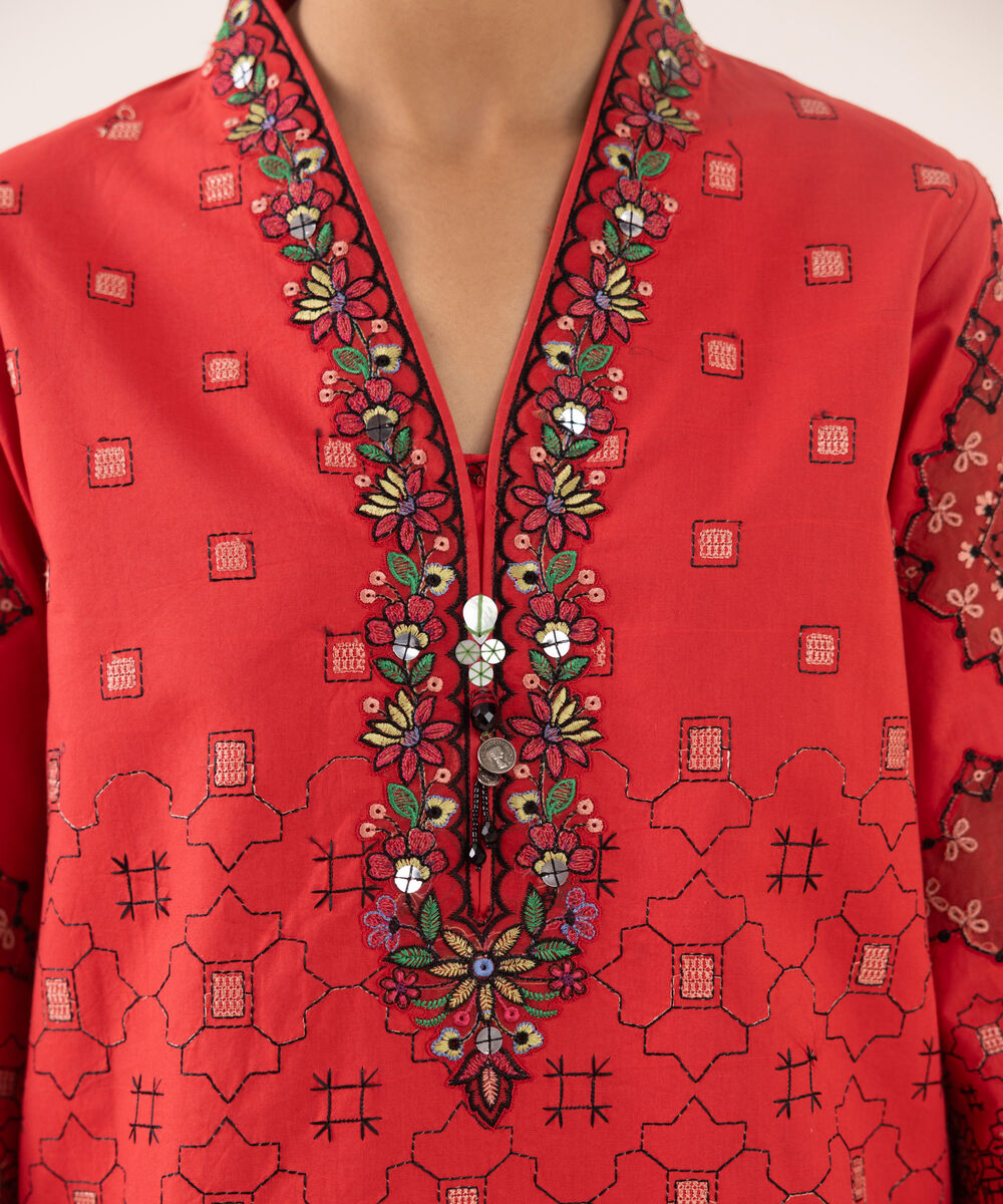 Women's Unstitched Cotton Embroidered Red Three Piece Suit