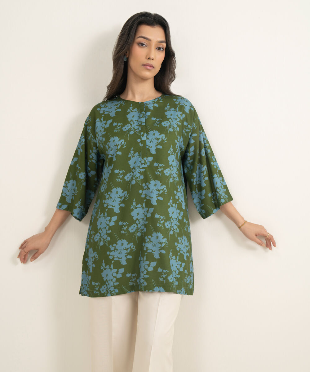 Women's RTW Arabic Cambric Printed Green Drop Shoulder Shirt