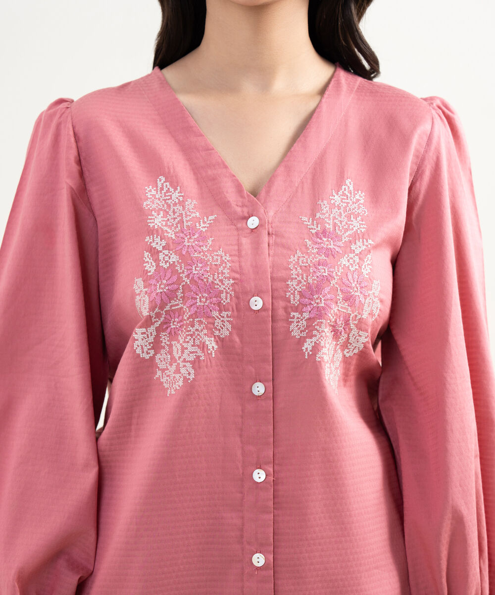Women's RTW Dobby Embroidered Pink Straight Shirt