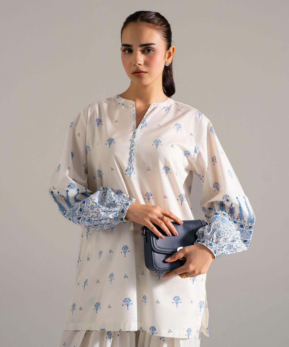 Women's RTW Lawn Printed White Straight Shirt