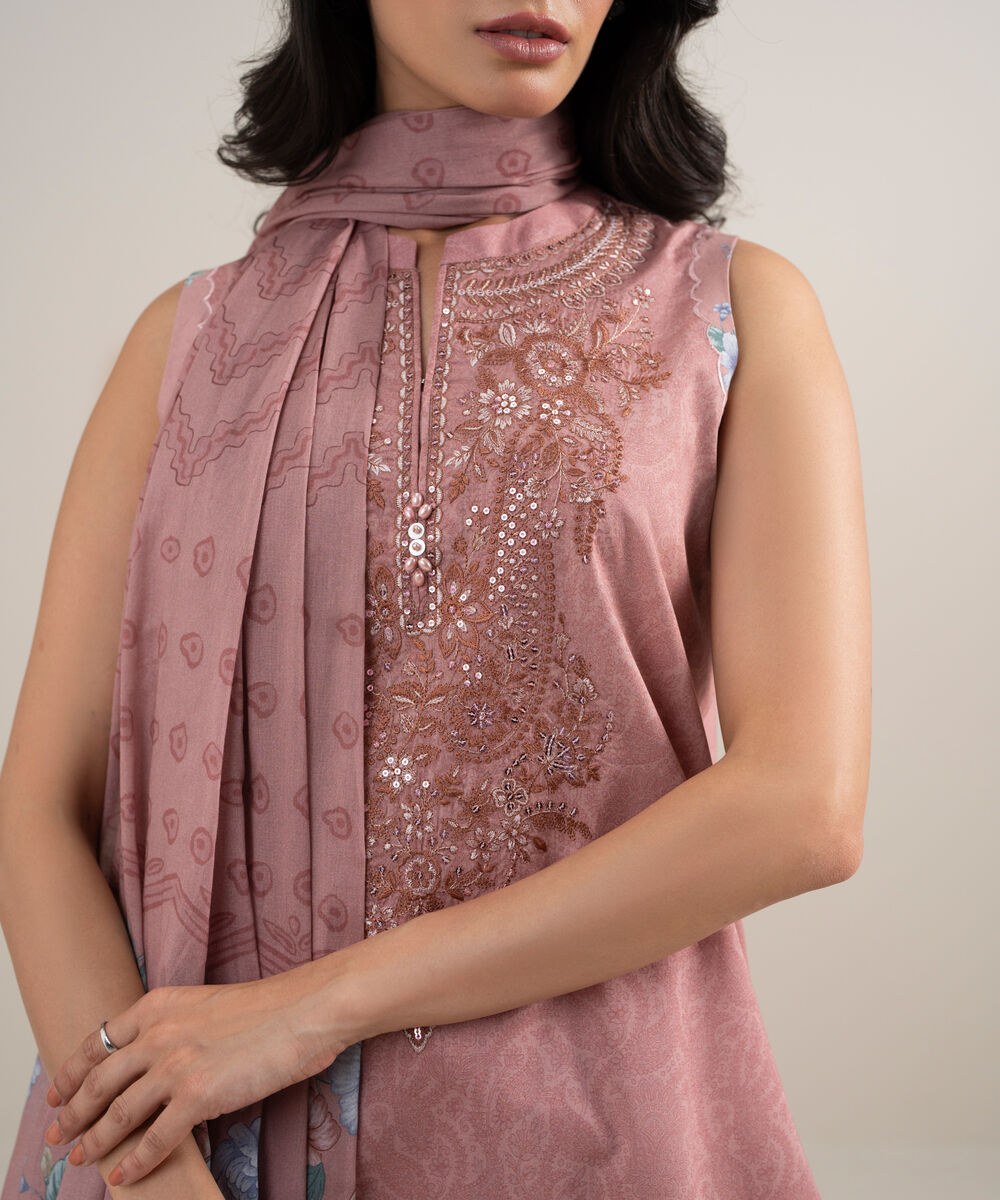 Women's Unstitched Lawn Embroidered Pink 3 Piece Suit