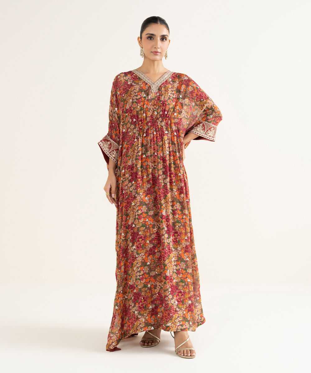 Women's RTW Bemberg Georgette Chiffon Embroidered Brown 2 Piece Suit