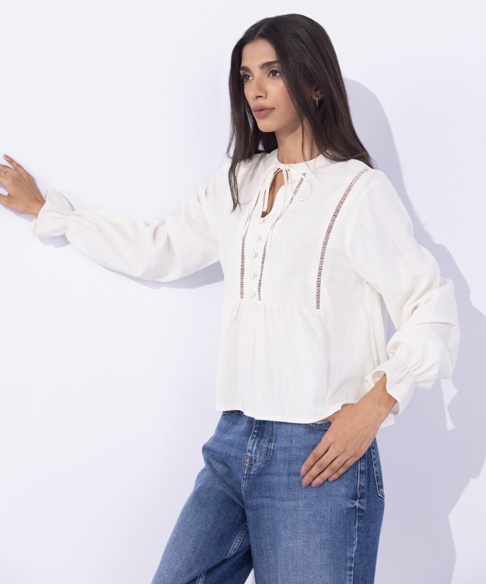 Women's Western Wear White Top With Lace Detail