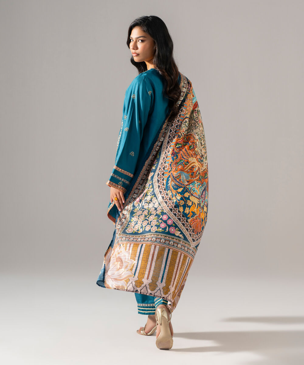 Women's RTW Bright Raw Silk Embroidered Blue 3 Piece Suit