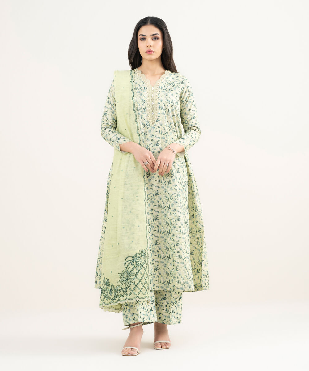 Women's Unstitched Zari Lawn Embroidered Green 3 Piece Suit