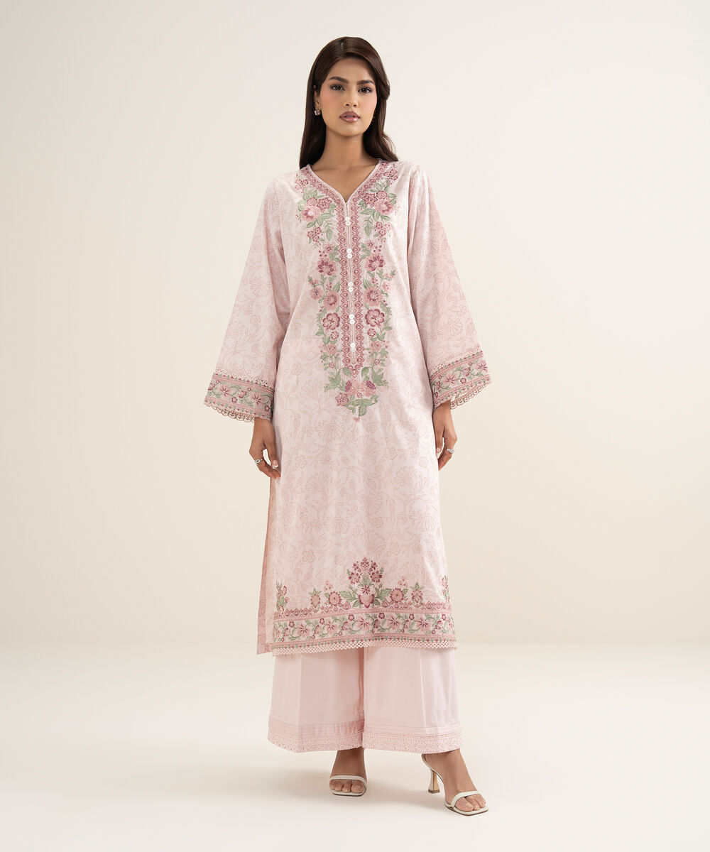 Women's RTW Premium Cotton Satin Embroidered Pink A-Line Shirt