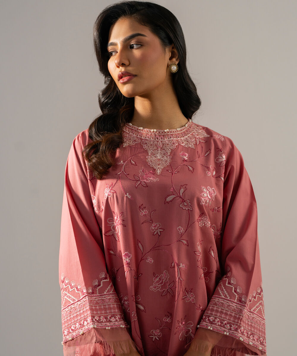 Women's RTW Solid Embroidered Cambric Muted Pink A-Line Shirt