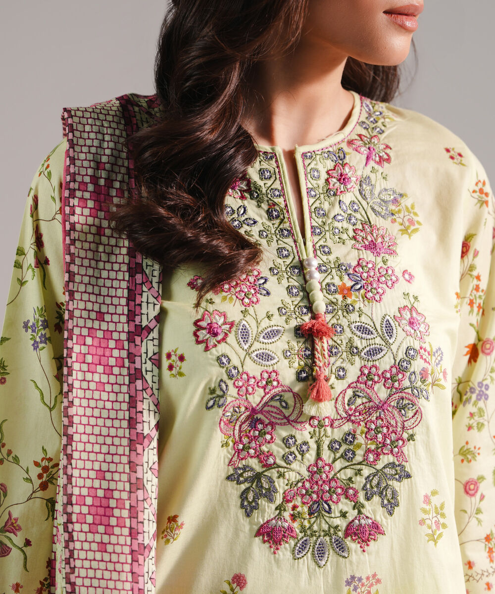 Women's RTW Lawn Printed Green 3 Piece Suit