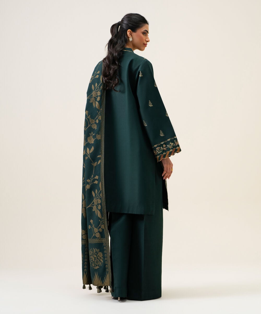 Women's Unstitched Basic Khaddar Embroidered Green 3 Piece Suit