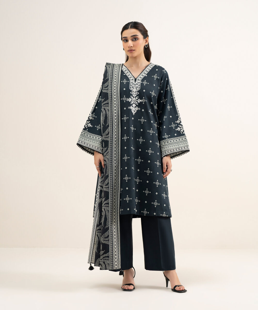 Women's Unstitched Lawn Embroidered Black and Off White 3 Piece Suit