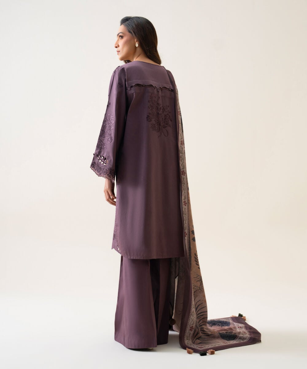 Women's Unstitched Cotton Twill Embroidered Mauve 3 Piece Suit