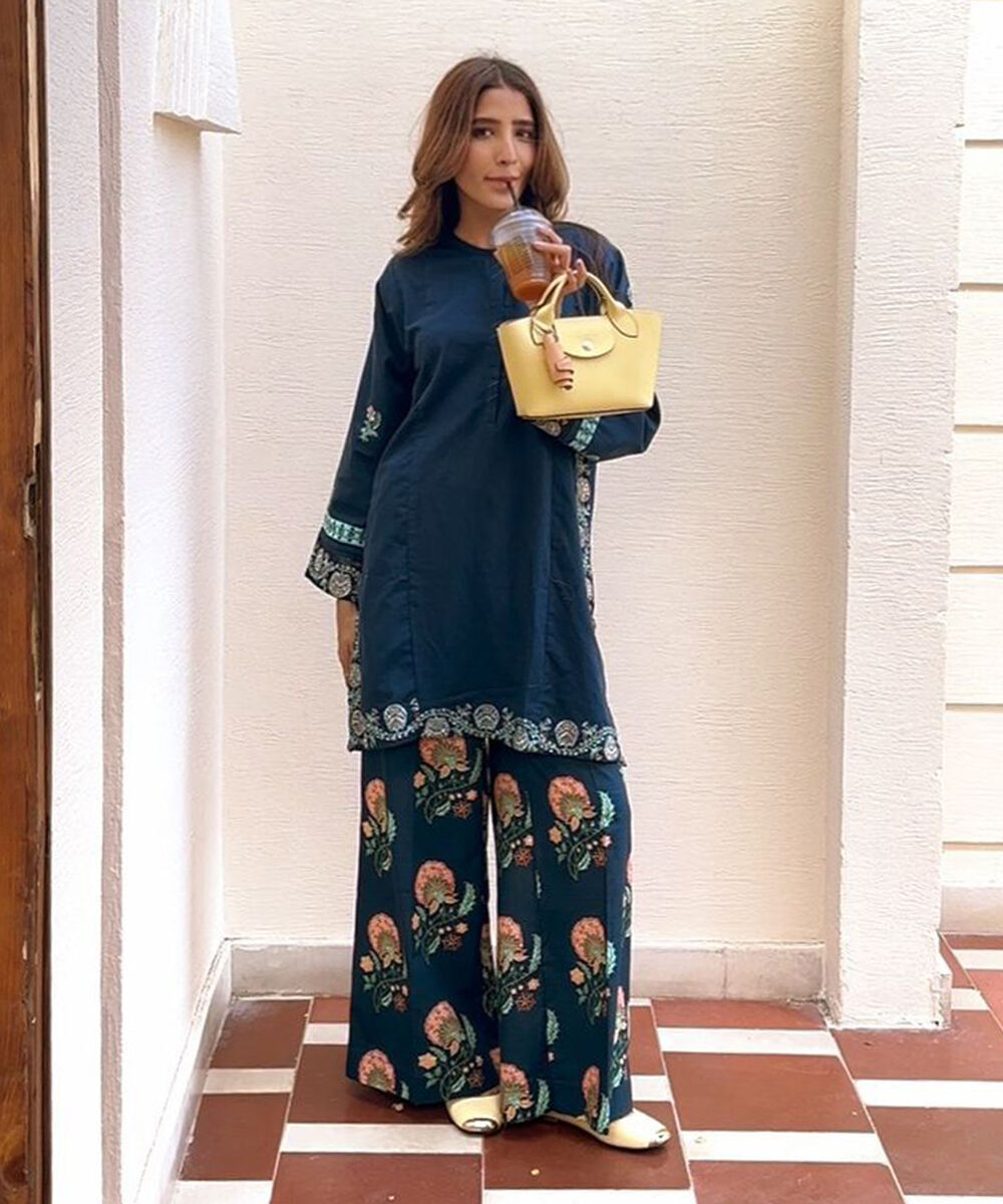 Women's RTW Light Khaddar Blue Embroidered Straight Shirt