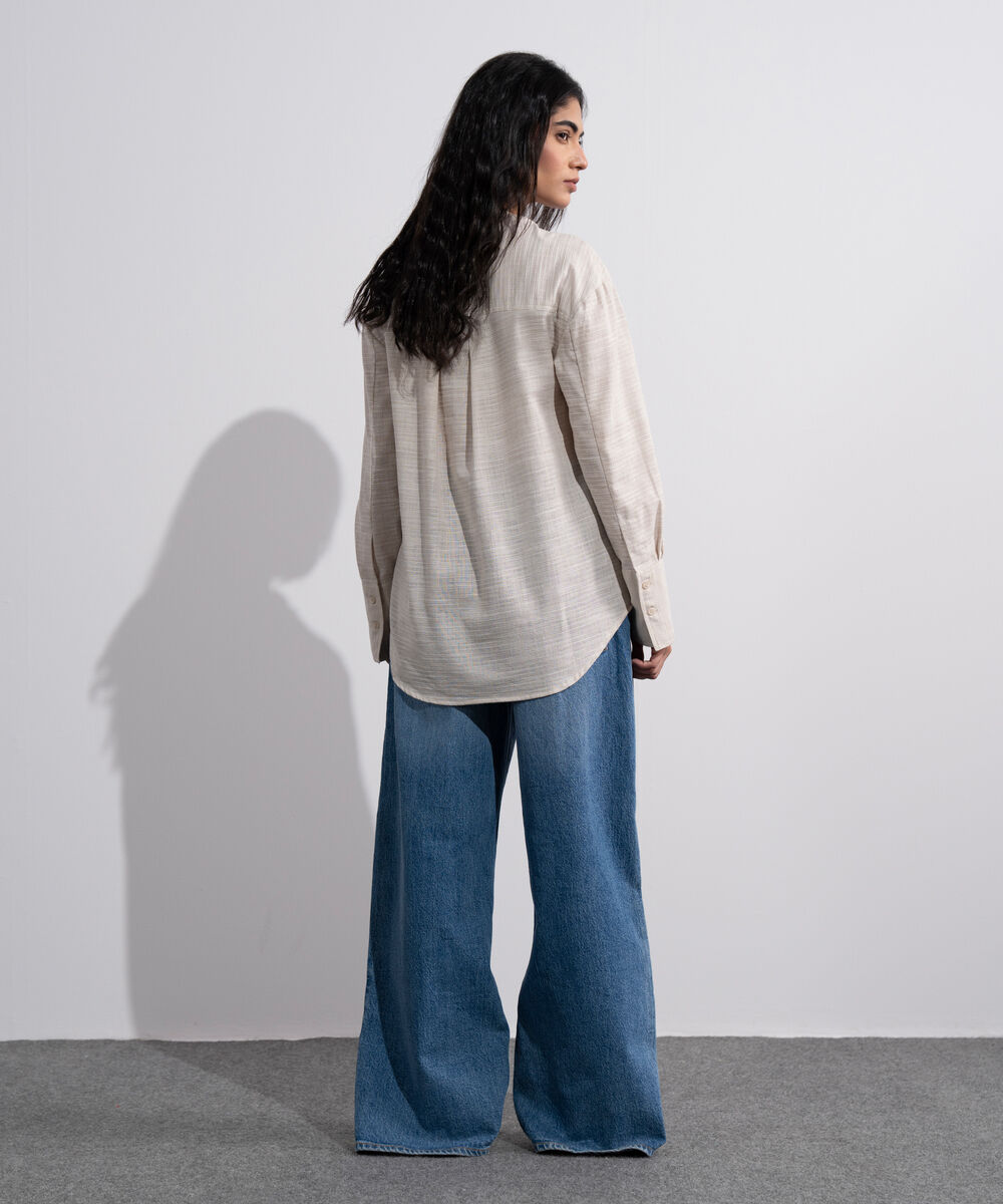 Women's Off White Textured Shirt With Yoke Detail