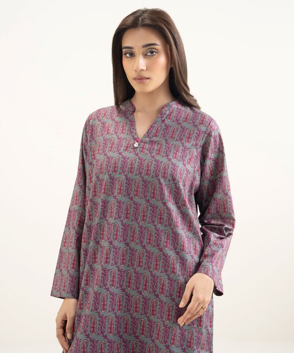 Women's RTW Cambric Printed Grey Straight Shirt