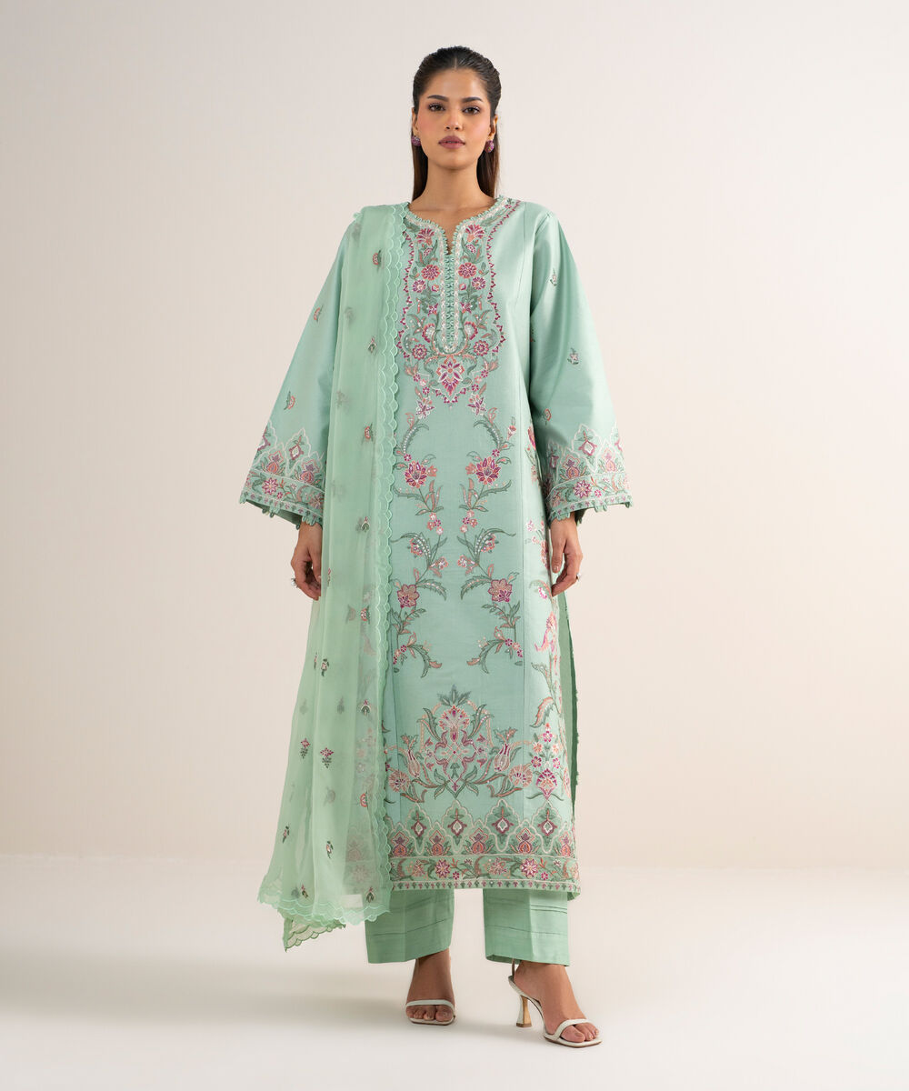 Women's Unstitched Cotton Net Embroidered Green 3 Piece Suit