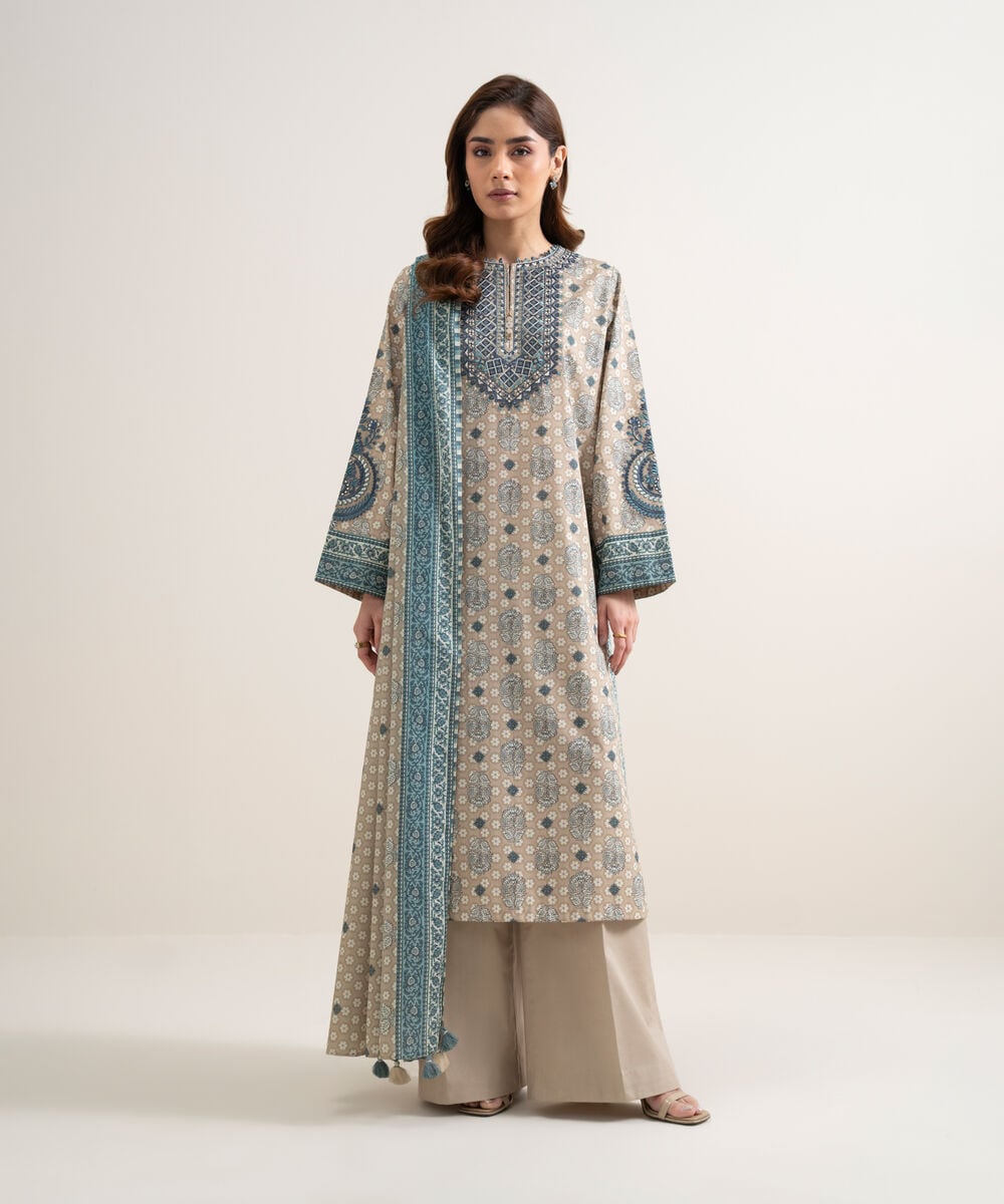 Women's Unstitched Lawn Embroidered Beige 3 Piece Suit