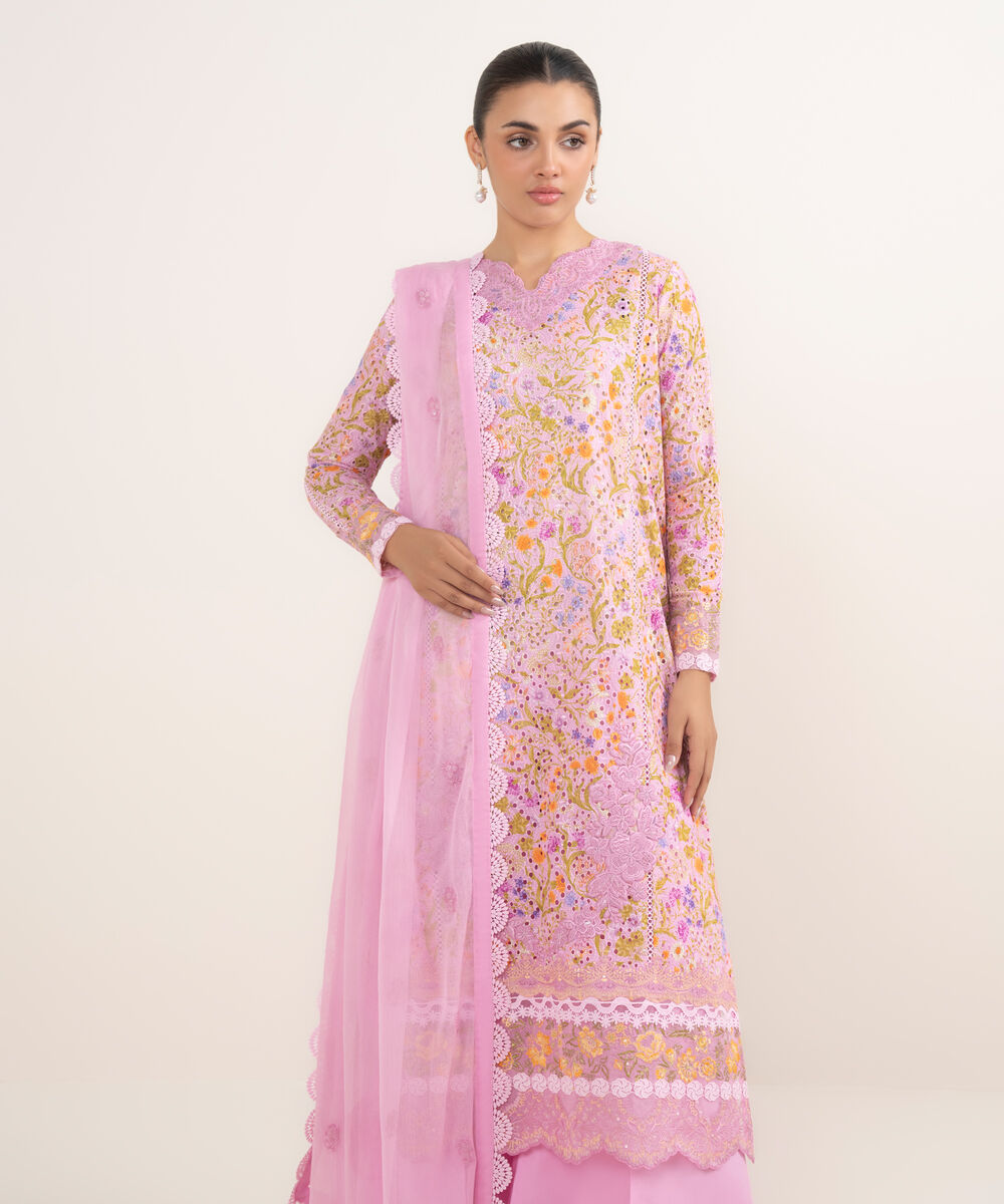 Women's Unstitched Cotton Embroidered Pink 3 Piece Suit