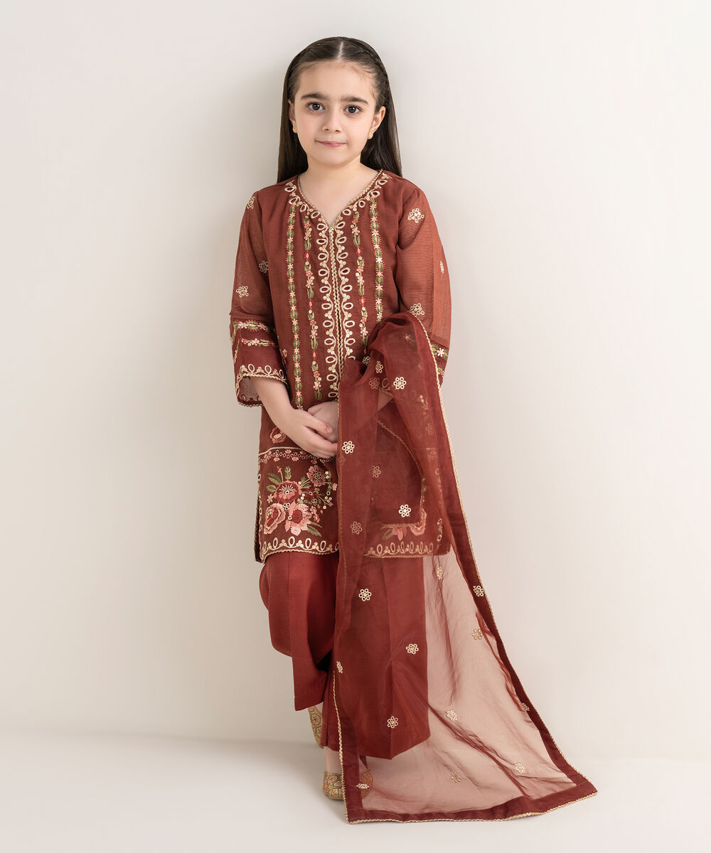 Girl's Blended Textured Karandi Brown Embroidered 3 Piece Suit