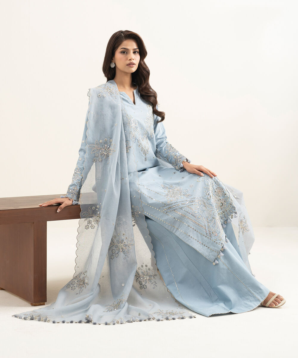 Women's Unstitched Lawn Embroidered Ice Blue 3 Piece Suit