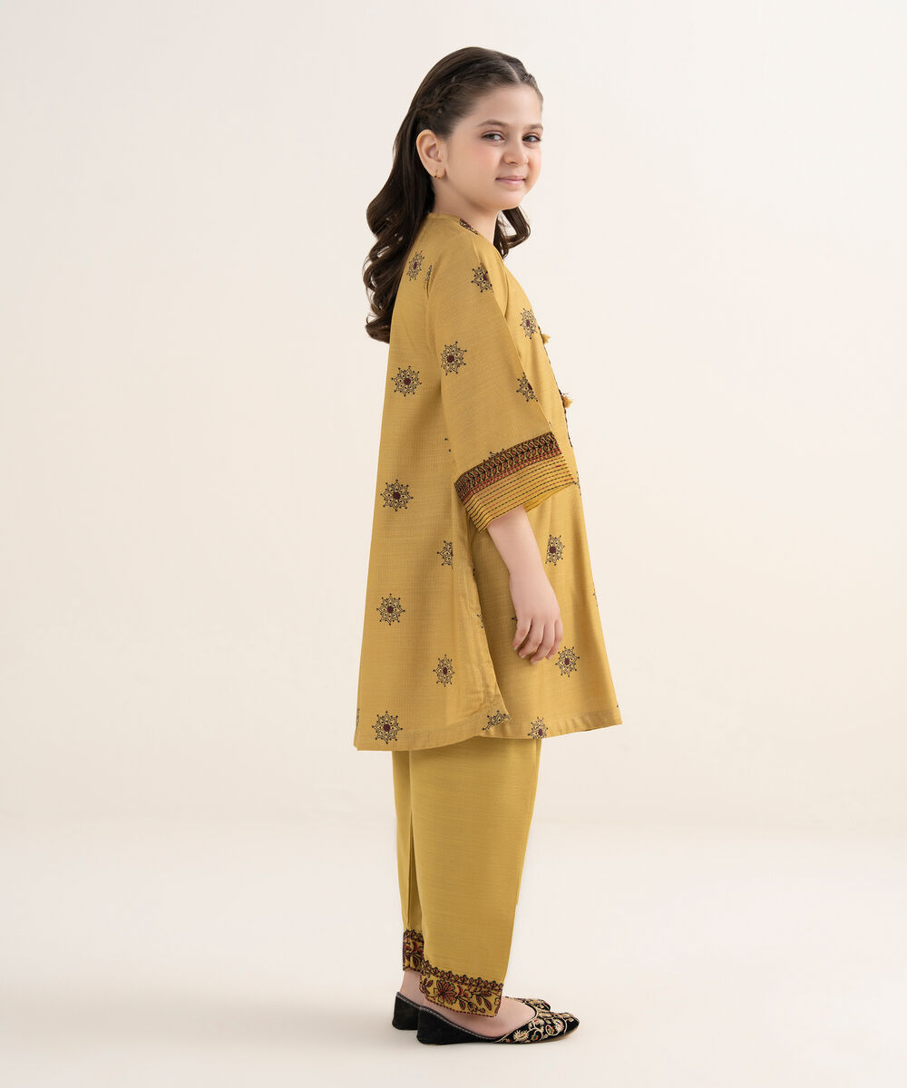 Girl's Herringbone Embroidered Mustard 2 Piece Set