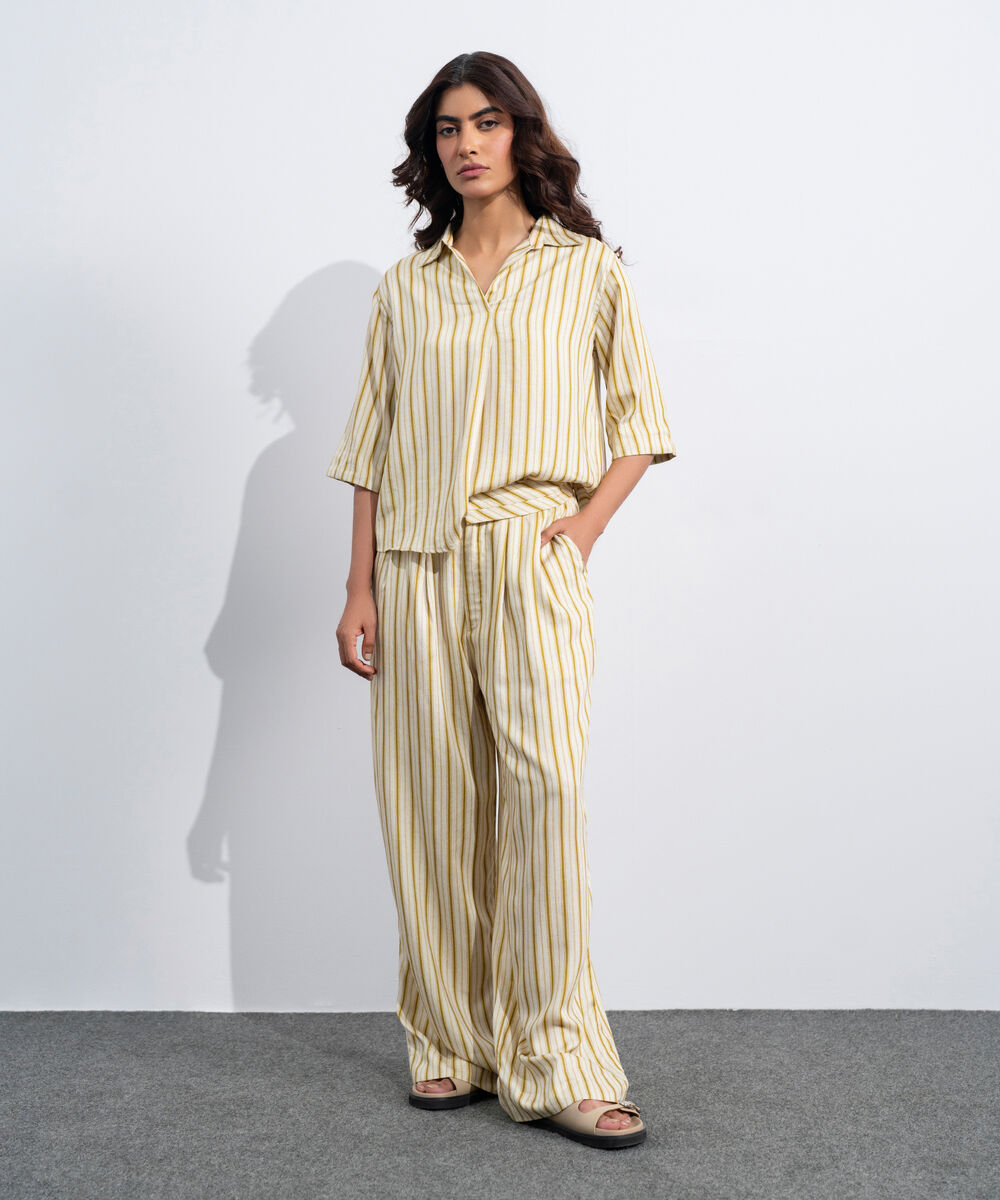 Women's Western Off White Linen Blend Printed Stright-Fit Trousers