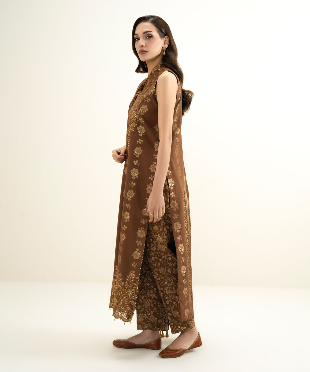 Women's Unstitched Extra Weft Jacquard Embroidered Brown 3 Piece Suit