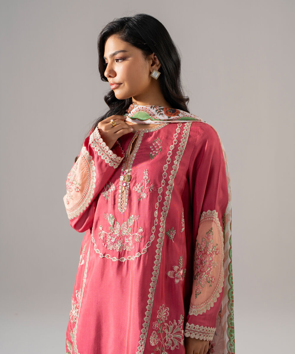 Women's RTW Bright Raw Silk Embroidered Pink 3 Piece Suit