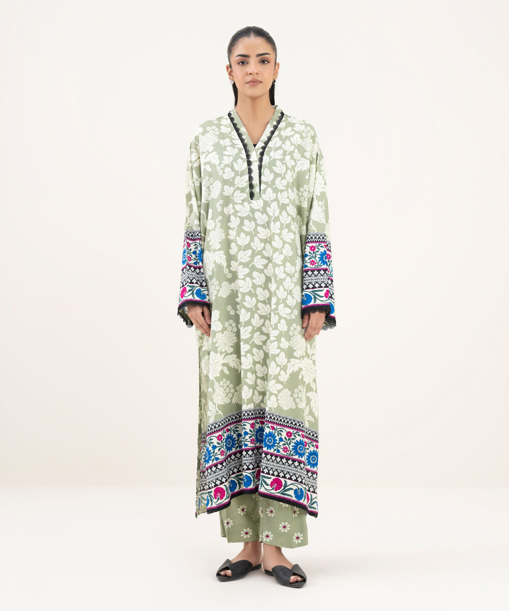 Women's RTW Viscose Linen Printed Straight Olive Green Shirt