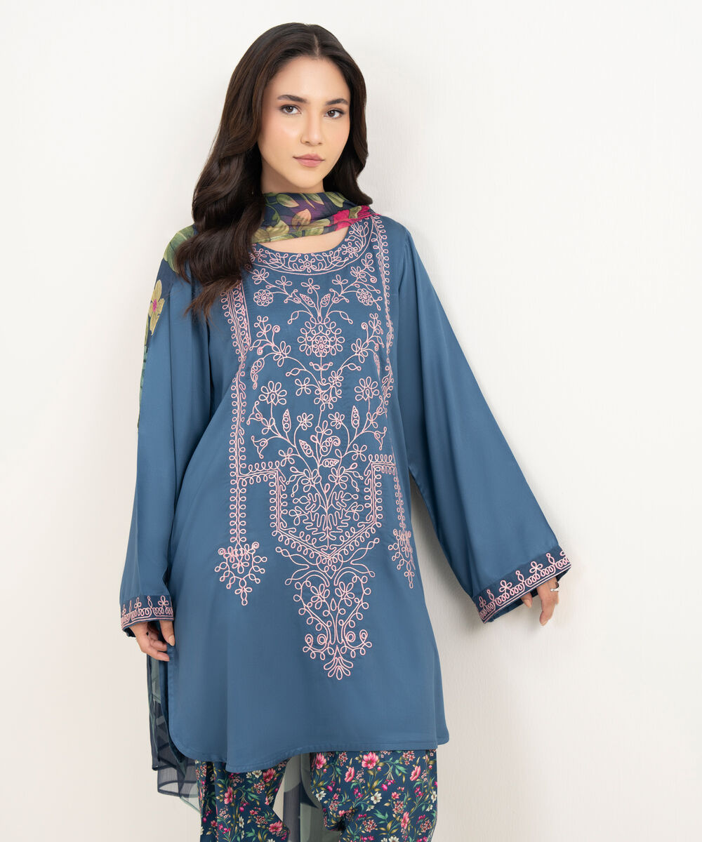 Women's RTW Dobby Embroidered Blue 3 Piece Suit