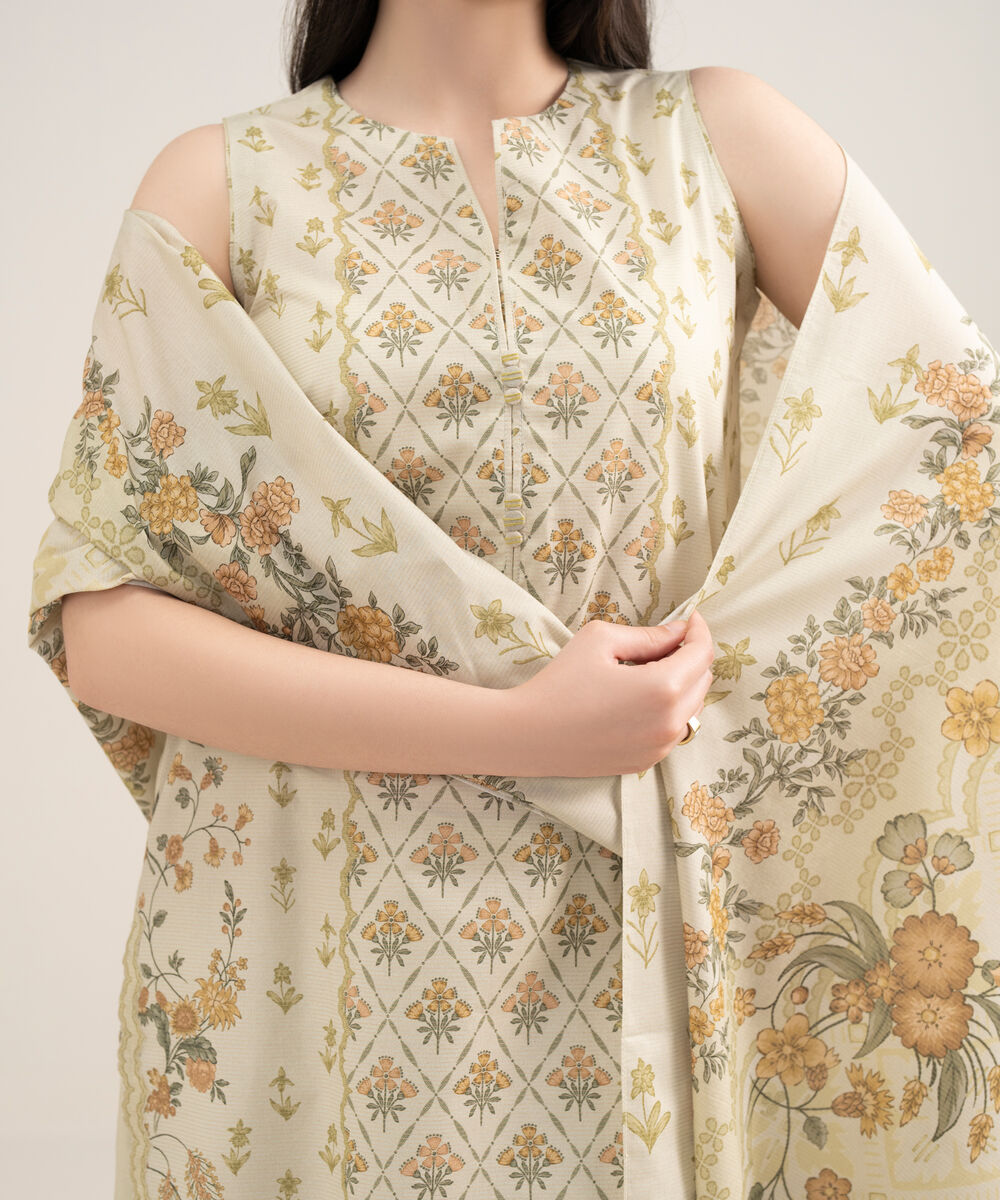 Women's Unstitched Zari Lawn Printed Beige 3 Piece Suit