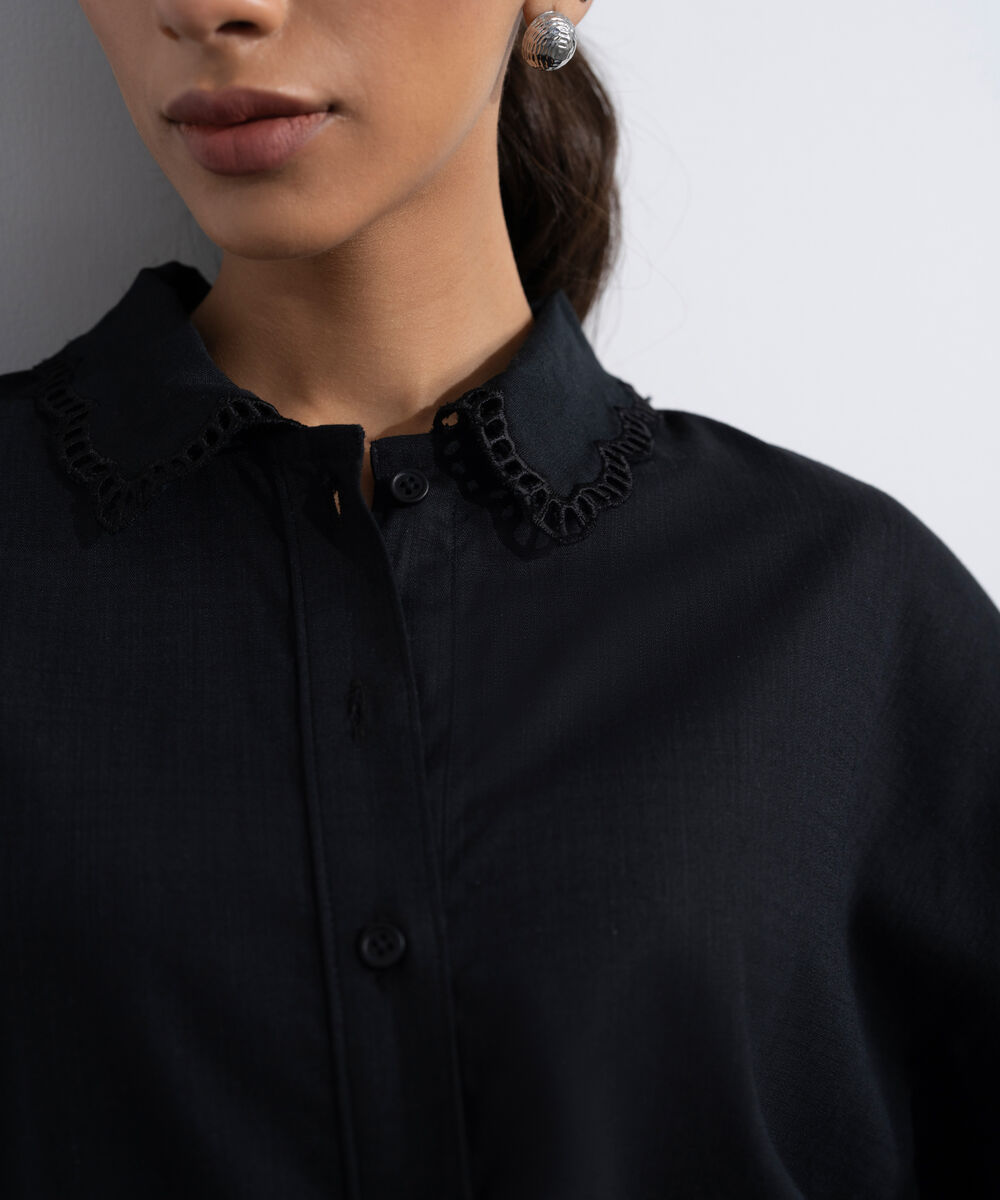 Women's Western Black Regular-Fit Shirt With Lace Trims