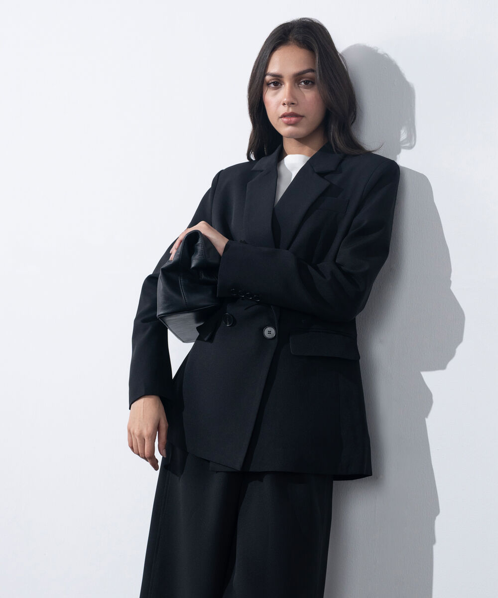 Women's Western Wear Black Loose Fit Double Breasted Blazer