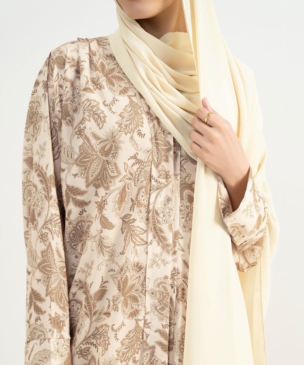 Women's Ivory Printed Abaya Set