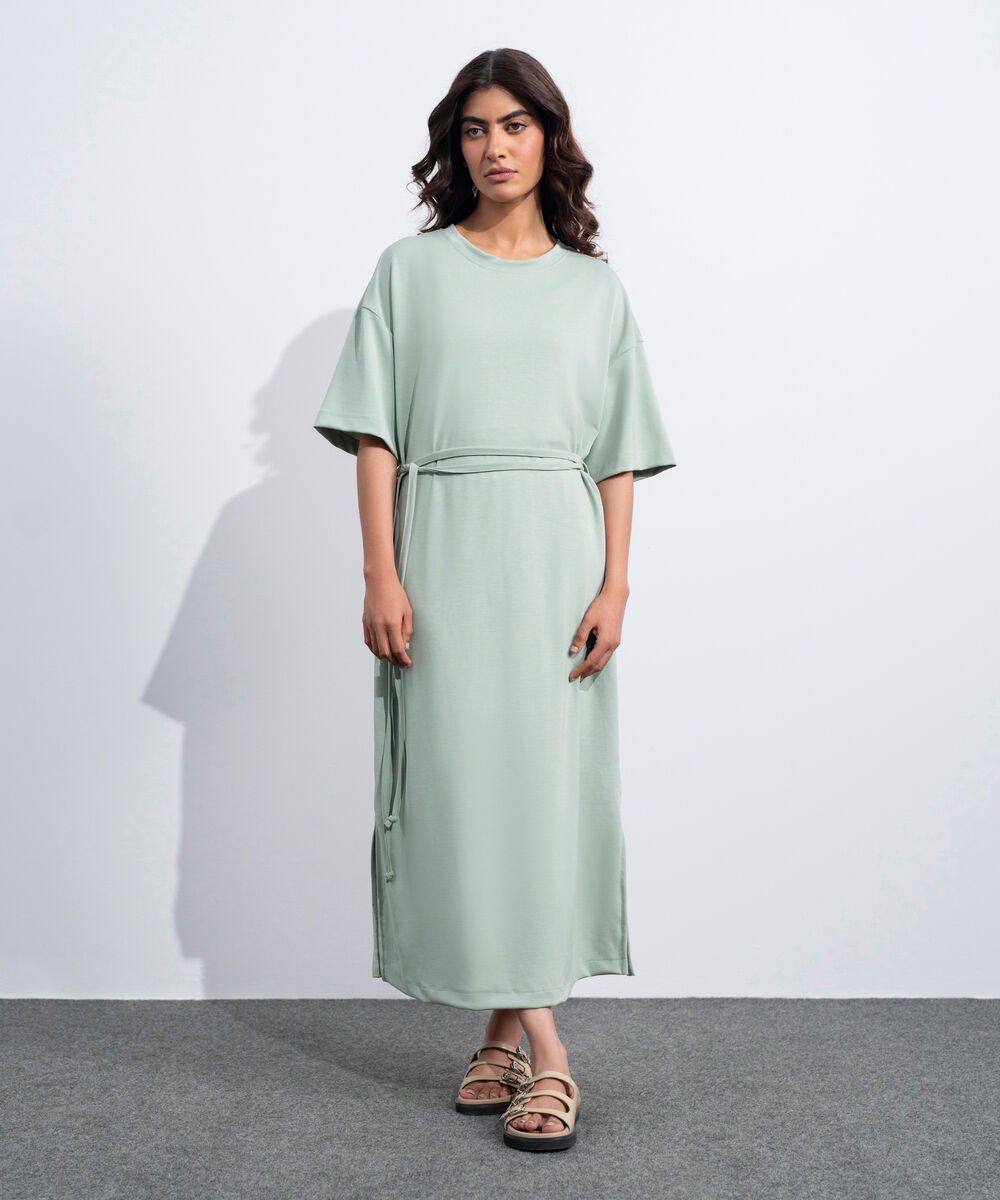 Women's Western Sage Green Soft Lux  T-Shirt Dress With Belt