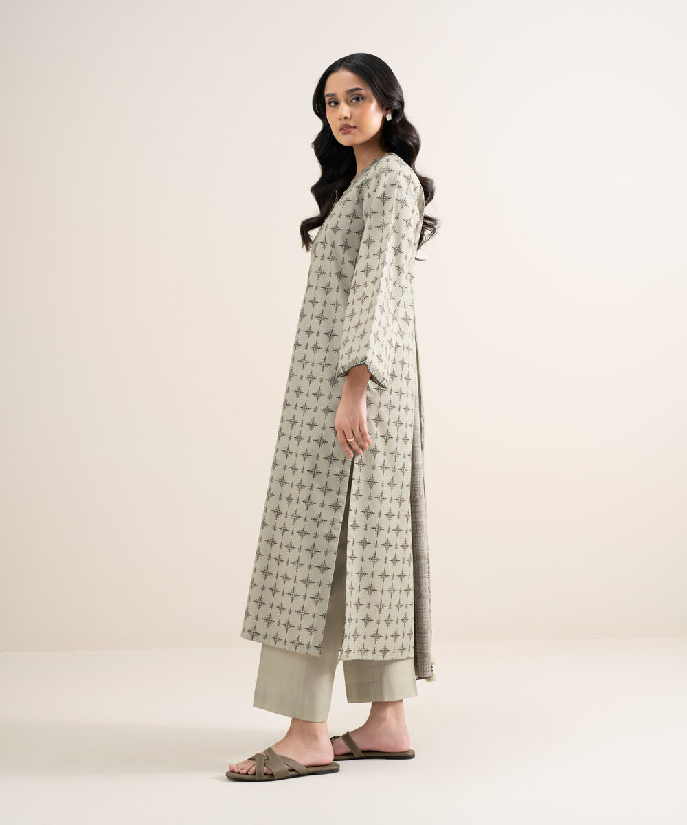 Women's Unstitched Lawn Printed Beige 3 Piece Suit