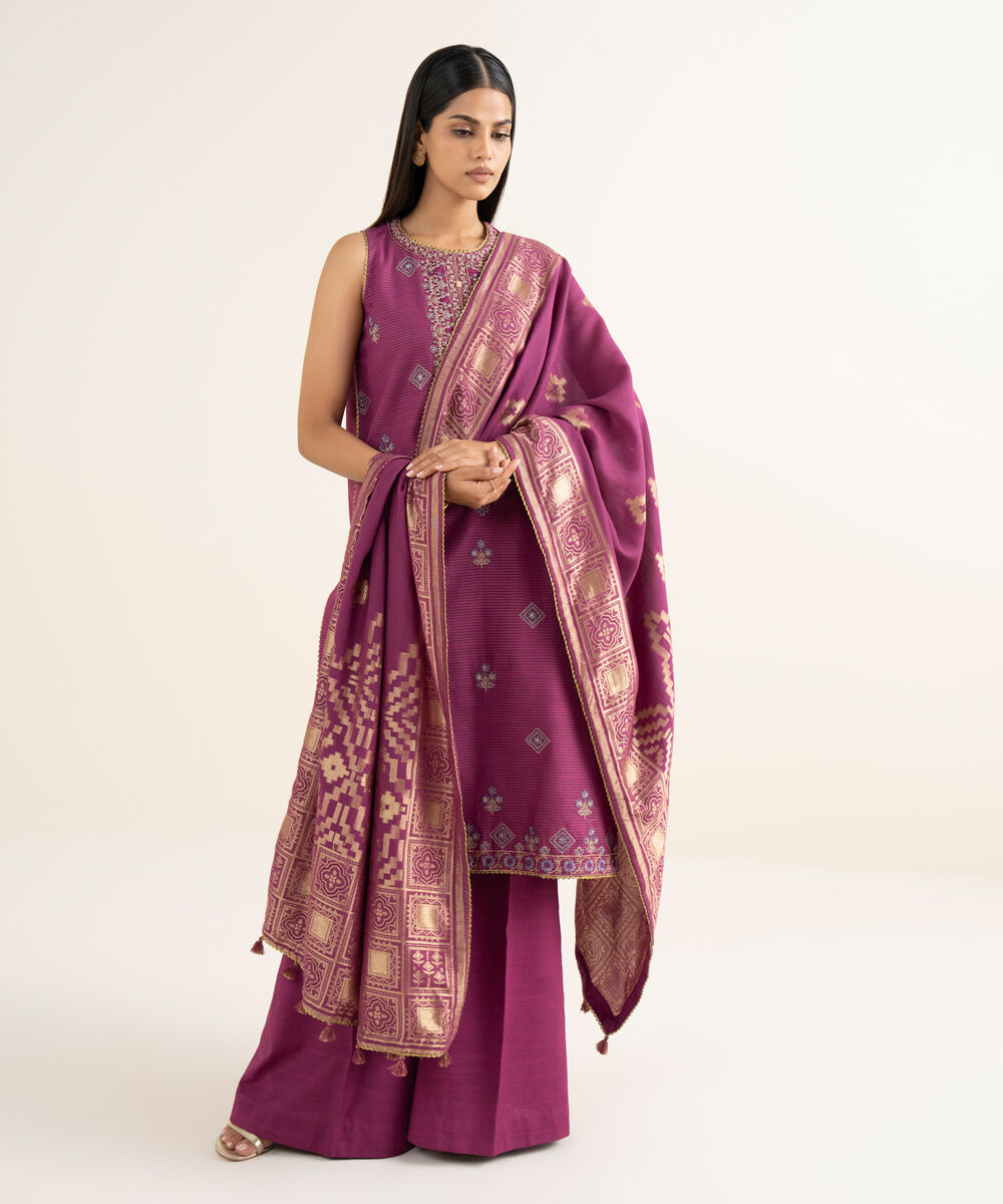 Women's Unstitched Embroidered Zari Khaddar Purple 3 Piece Suit