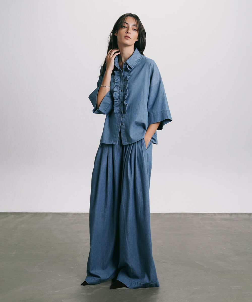 Women's Western Wear Blue Wide-Leg Pleated Trouser