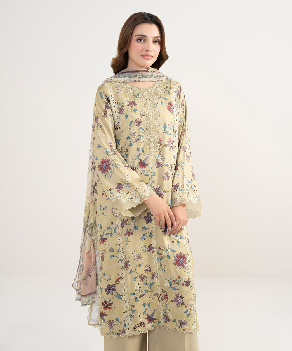 Women's Unstitched Viscose Satin Embroidered Yellow 3 Piece Suit