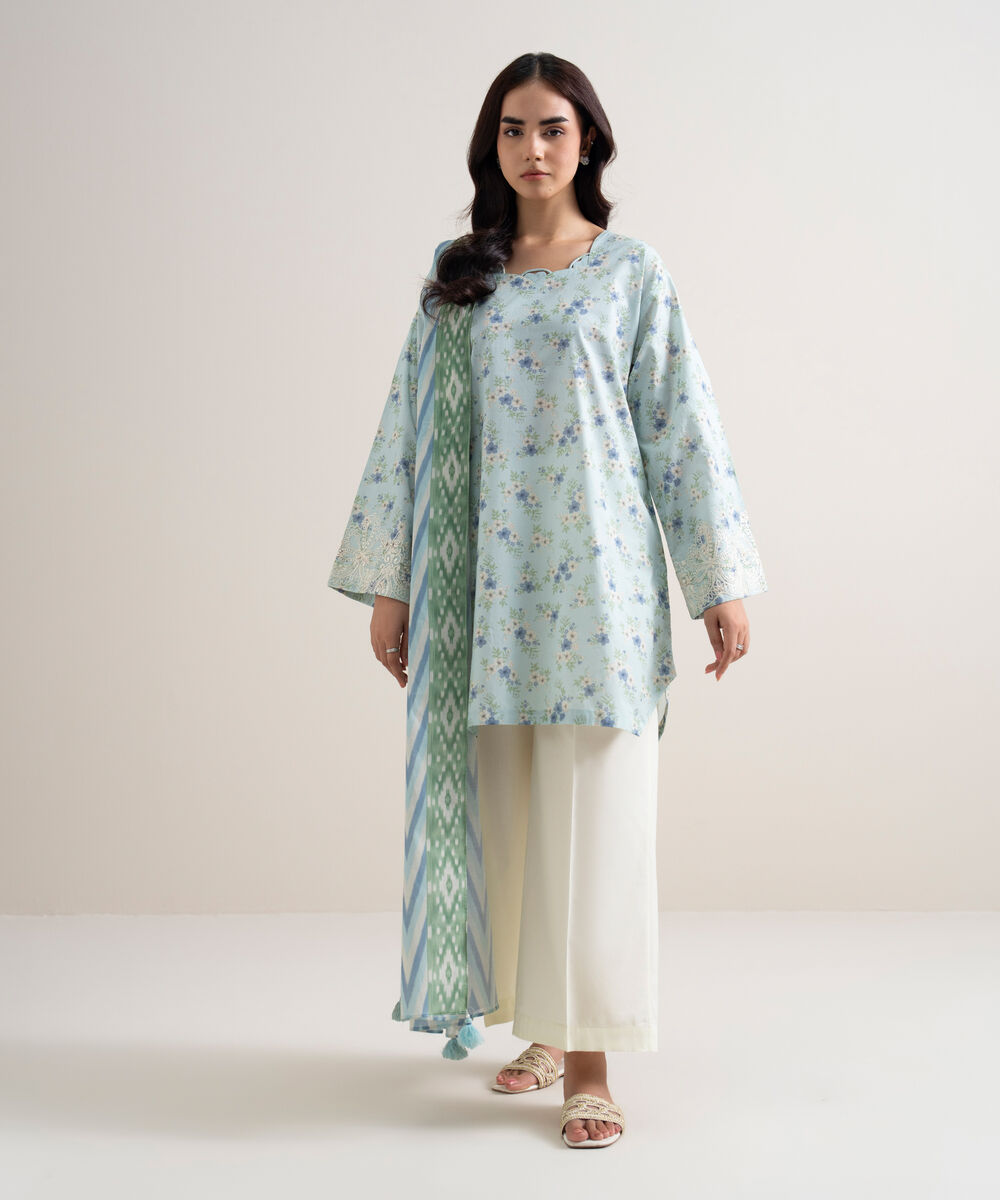 Women's Unstitched Lawn Embroidered Blue 2 Piece Suit