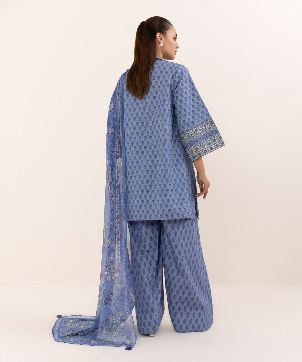 Women's Unstitched Cotton Printed Purple Three Piece Suit