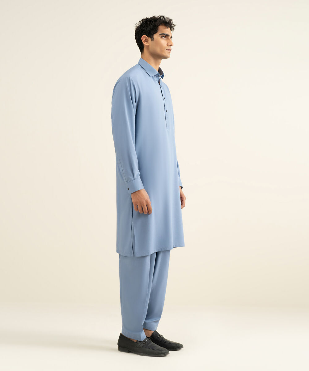 Men's Stitched Blended Linen Blue Suit