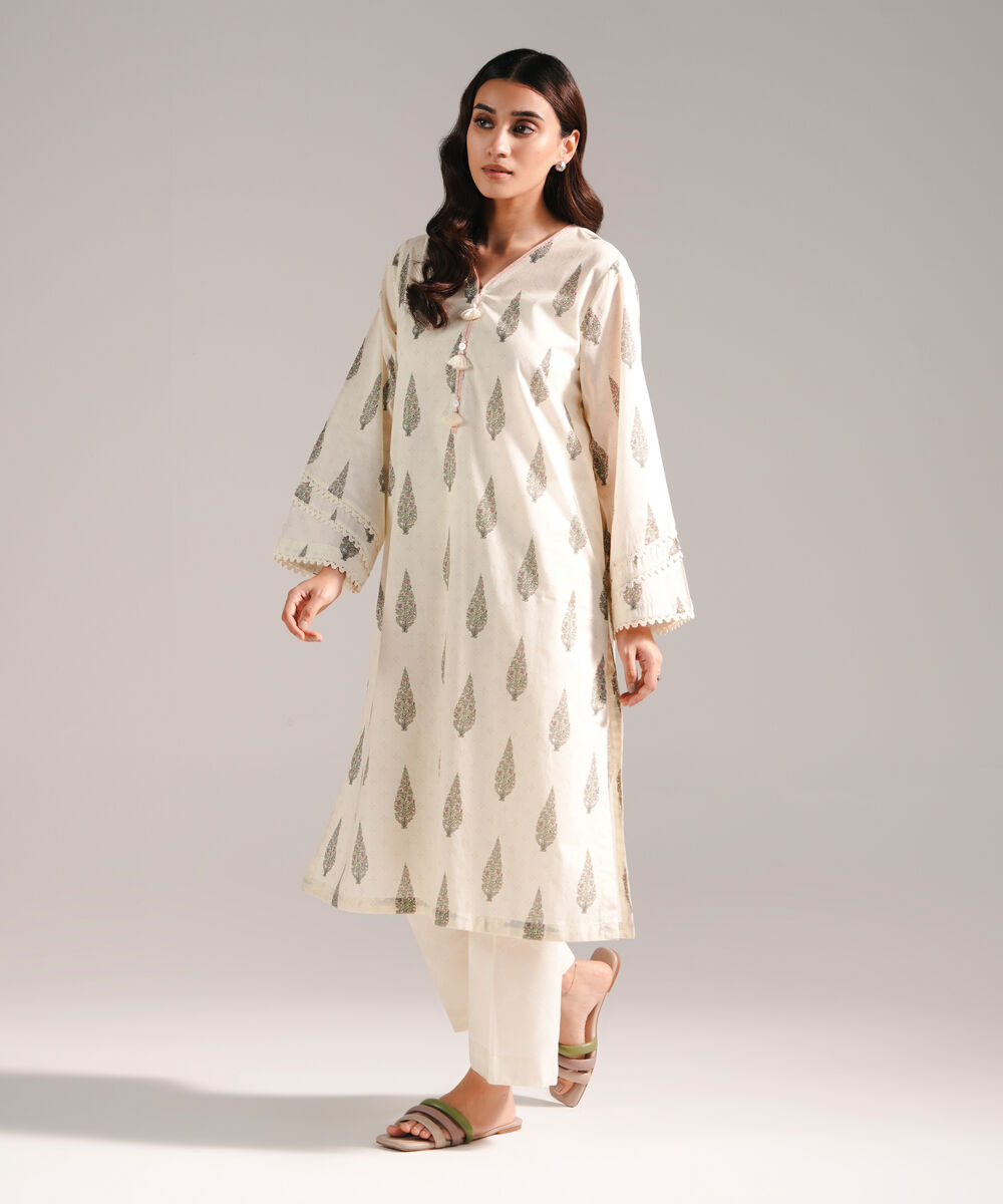 Women's RTW Lawn Printed Off White Straight Shirt