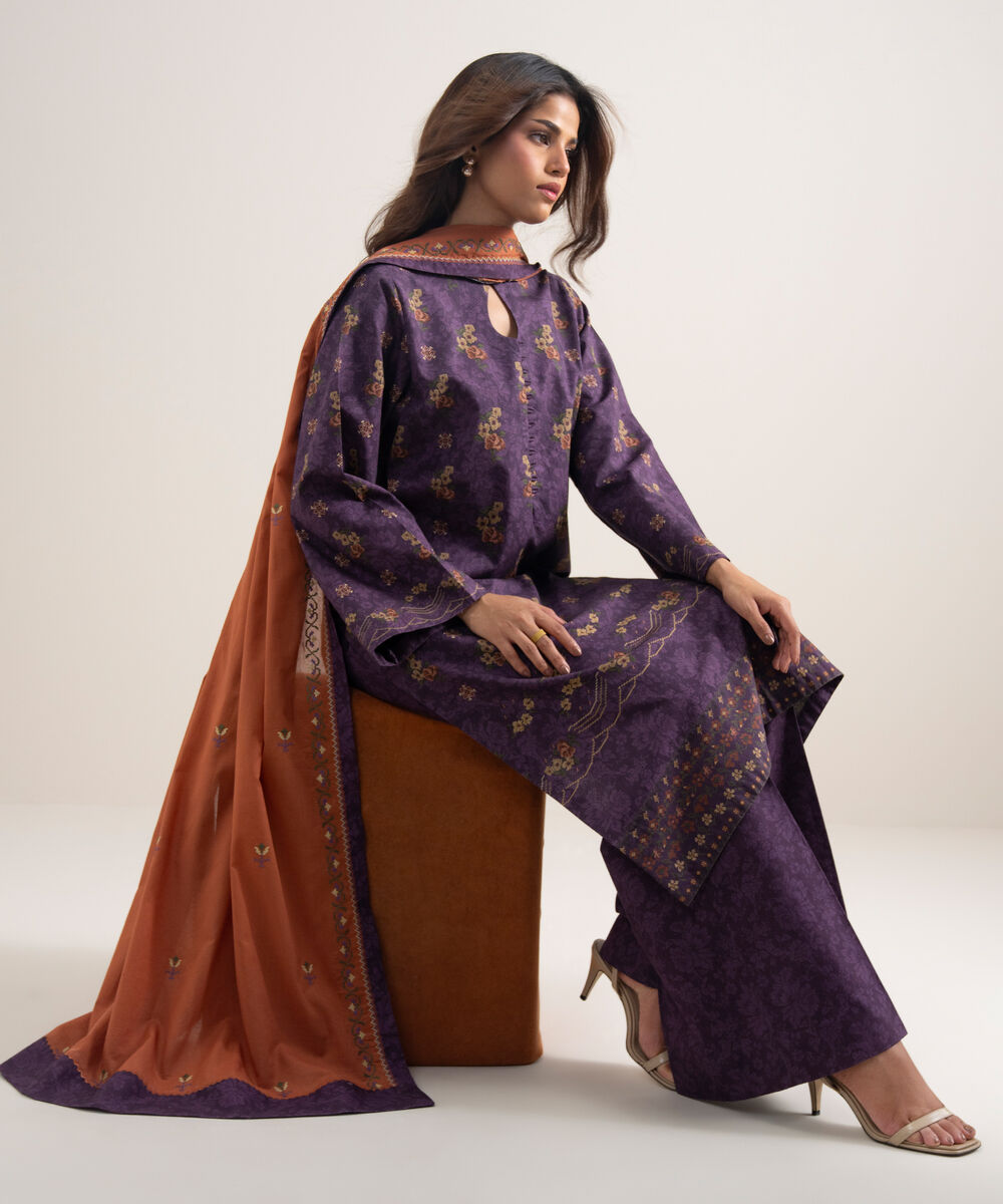 Women's Unstitched Cotton Embroidered Purple
