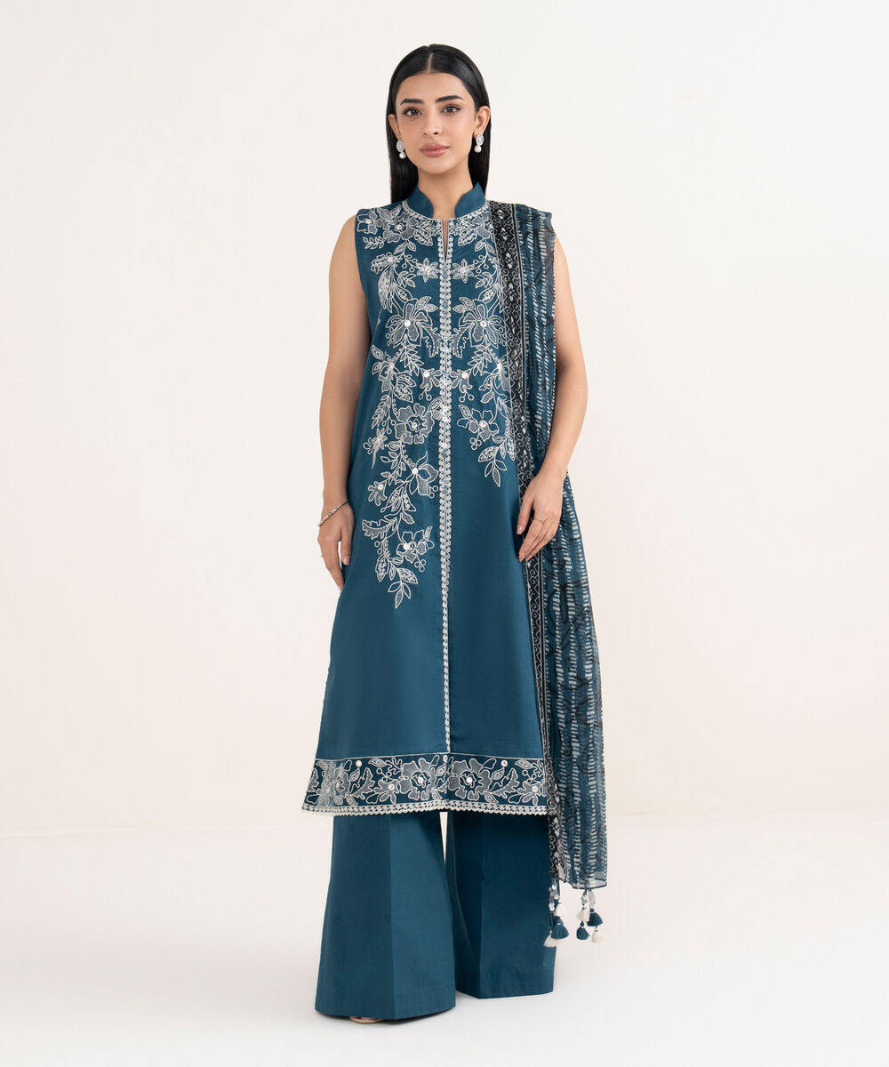 Women's Unstitched Cotton Embroidered Blue 3 Piece Suit