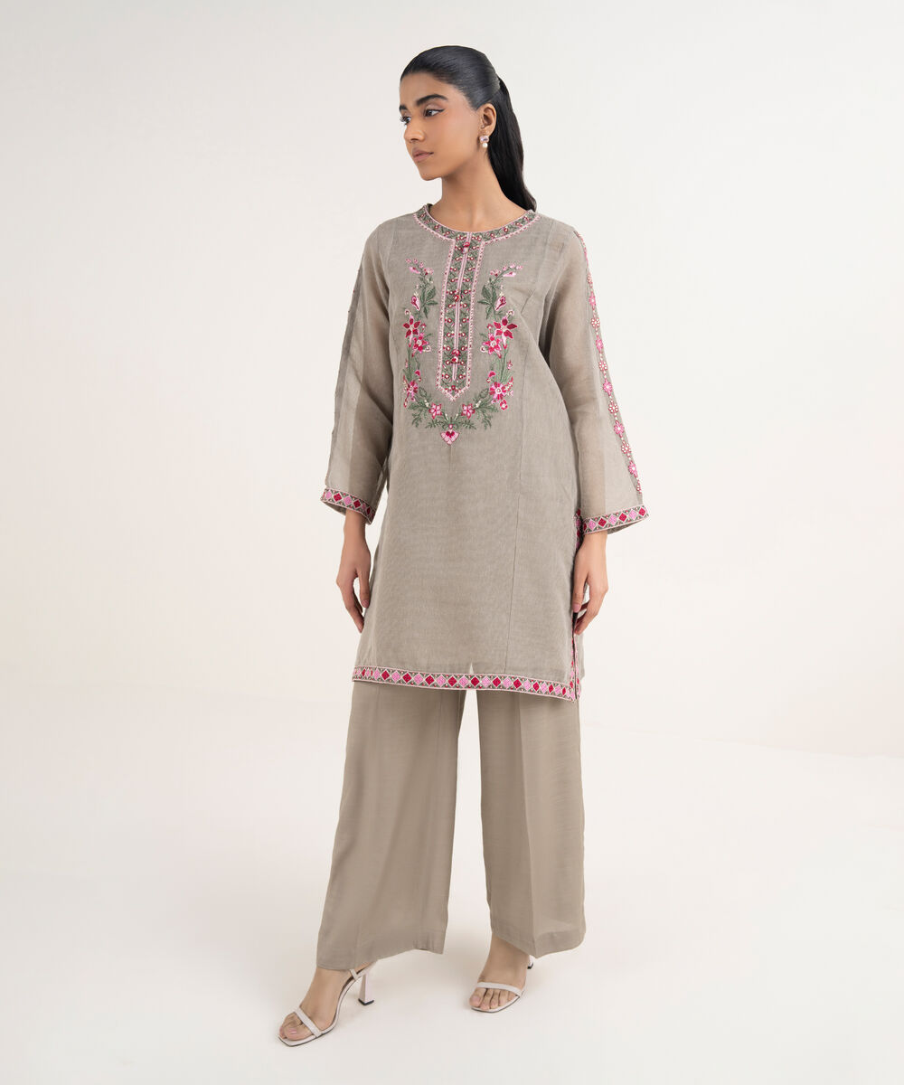 Women's RTW Blended Textured Karandi Embroidered Straight Grey Shirt