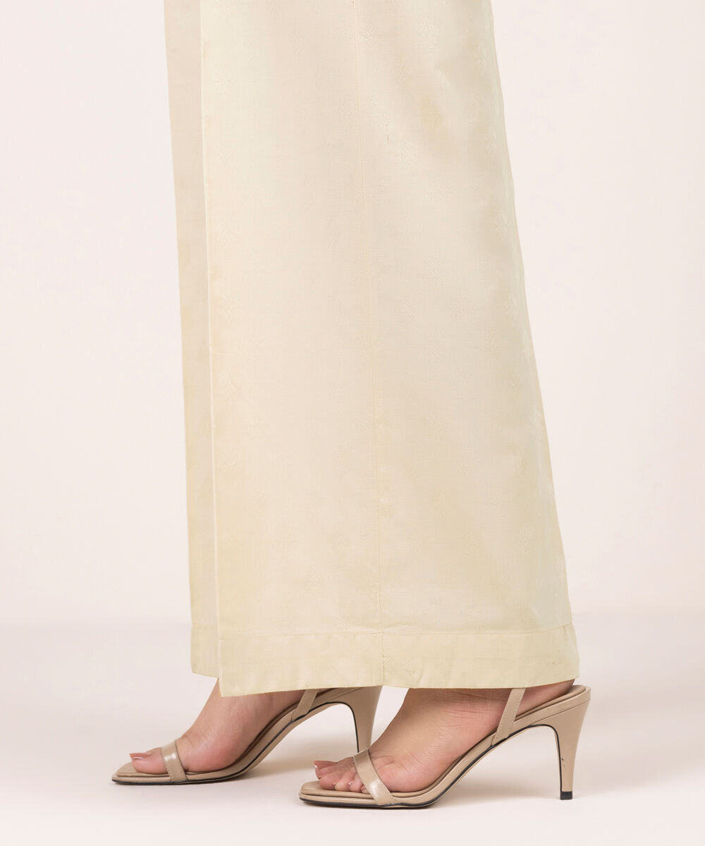 Women's RTW Self Jacquard Solid Beige Flared Pants