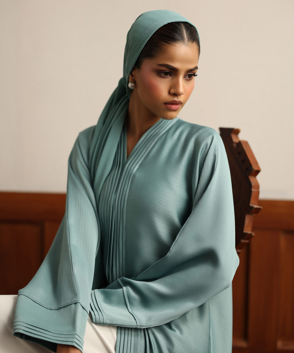Women's Light Blue Pleated Button Through Abaya Set