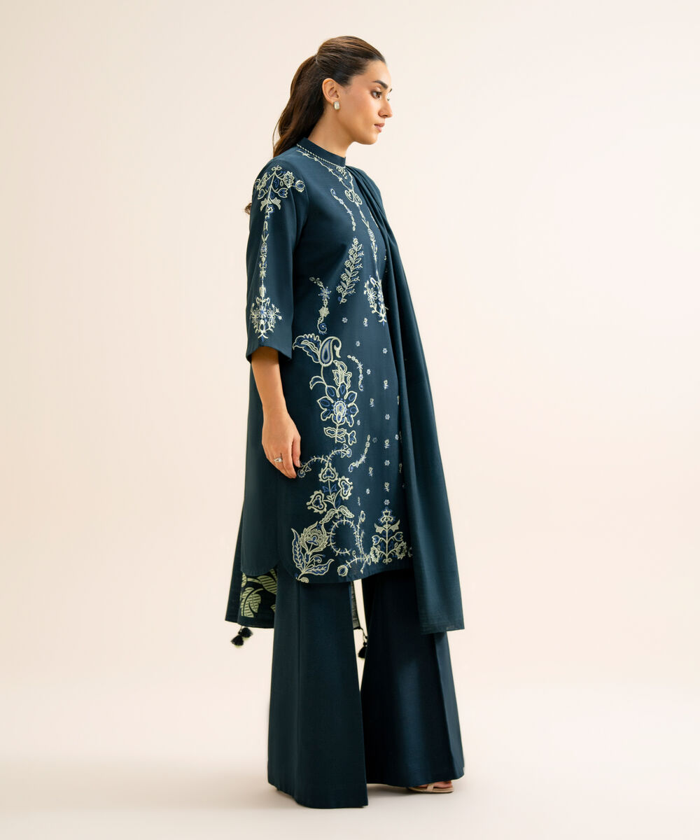 Women's Unstitched Light Khaddar Embroidered Dark Blue 3 Piece Suit