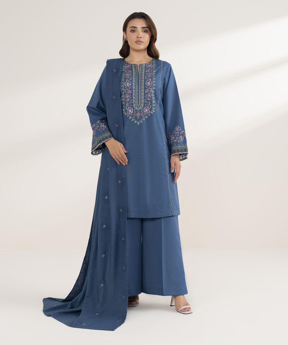 Women's Unstitched Embroidered Khaddar Teal Blue 3 Piece Suit